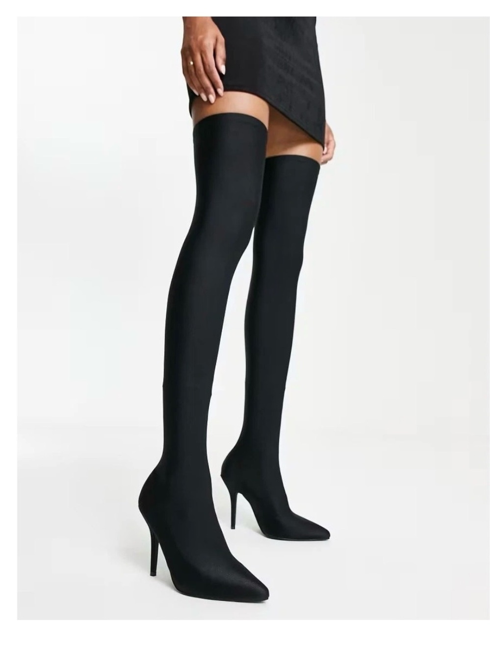 Azalea Wang Heartout Black Thigh High Stiletto Boots 8.5 Sock Nylon Stretch